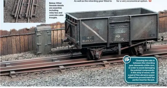  ??  ?? Below: Other lineside details are essential, including relay box and concrete cable troughs.