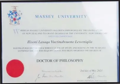  ?? Picture: SUPPLIED ?? Dr Ilisoni Leweniqila’s PhD.