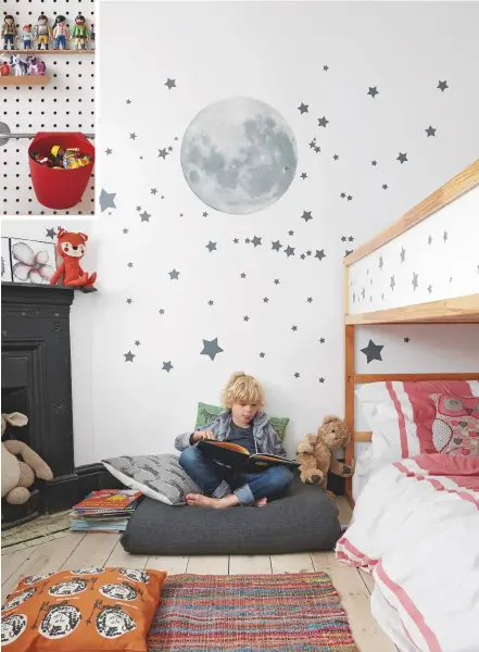  ??  ?? Rufus and Matilda’s Room
Fixing the shelving on a shop-style, MDF wall panel allows for plenty of flexibilit­y as the children grow. get the look the bunk bed and bedding are by ikea.