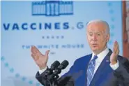  ?? AP PHOTO/SUSAN WALSH ?? President Joe Biden speaks about COVID-19 vaccinatio­ns after touring a Clayco Corporatio­n constructi­on site for a Microsoft data center Oct. 7 in Elk Grove Village, Ill.