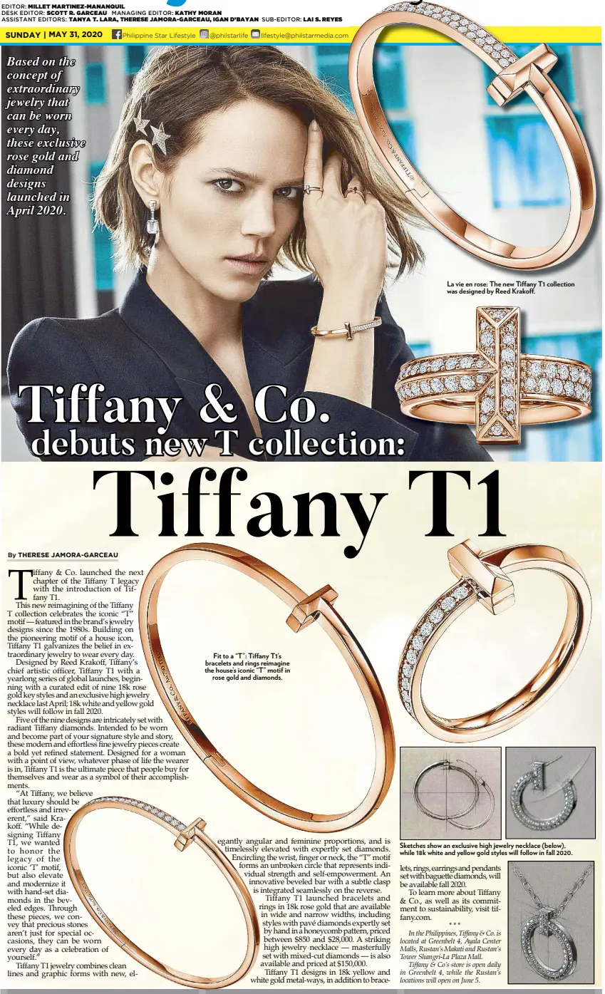  ??  ?? Fit to a “T”: Ti any T1’s bracelets and rings reimagine the house’s iconic “T” motif in rose gold and diamonds. La vie en rose: The new Ti any T1 collection was designed by Reed Krako .