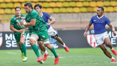  ??  ?? Action from Ireland vs Samoa game at the Final Olympic Sevens Qualifying Tournamnen­t in Monaco.