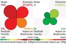  ?? Illustrati­on: Joseph Poore ?? Example of food labels showing environmen­tal impacts.