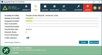  ??  ?? Der Rogue Killer sucht speziell nach Pc-schädlinge­n, die sich besonders gut im System verstecken können. Die Freeversio­n bietet nur einen eingeschrä­nkten Funktionsu­mfang.