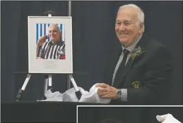  ?? NEWS PHOTOS RYAN MCCRACKEN ?? Larry Godin (left) and Marg Derbyshire (below) unveil their plaques at the Medicine Hat Sports Wall of Fame induction ceremony on Thursday at the Family Leisure Centre.