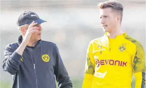  ?? FOTO: FRISO GENTSCH ?? Werden auch künftig ein Gespann bilden: BVB-Trainer Lucien Favre und Kapitän Marco Reus.