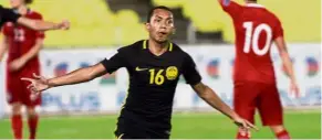  ??  ?? Malaysia’s Mohd Syawzan Zainon celebratin­g after scoring the equaliser in the Asian Cup Group B qualifying match against Hong Kong at the Hang Jebat Stadium in Melaka. — A. MALEX YAHAYA / The Star The saviour: