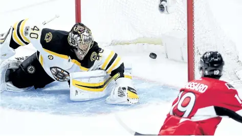  ?? SEAN KILPATRICK/CP FILES ?? Ottawa centre Derick Brassard scores on Boston goalie Tuukka Rask during the first round of the NHL playoffs.