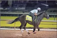  ?? AP - Darron Cummings ?? Kentucky Derby favorite Tiz the Law runs during a workout at Churchill Downs on Friday.