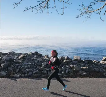  ?? LARS HAGBERG / THE CANADIAN PRESS ?? A woman runs beside Lake Ontario in Kingston. Canadians can expect a “mixed bag” of weather this winter.