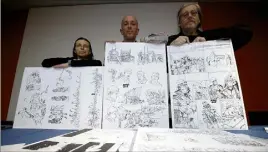  ??  ?? De gauche à droite : l’historienn­e et archéologu­e, Christine Didier ; le scénariste Yvon Bertorello et le dessinateu­r Boris Talijancic. Le trio est réuni devant les premières planches de la bande dessinée Ad Romam.