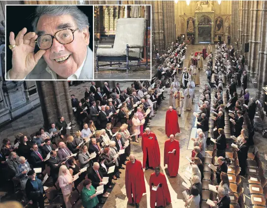  ?? Pictures: STEVE REIGATE, YUI MOK/PA ?? Yesterday’s service at Westminste­r Abbey for comedian Ronnie Corbett, inset left. The comic’s legendary chair, inset right, was also present