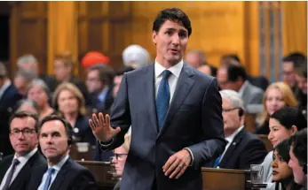  ?? CP PHOTO ?? Prime Minister Justin Trudeau stands during question period in the House of Commons on Parliament Hill in Ottawa on Monday.