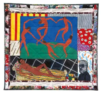  ?? ?? Matisse’s Model: The French Collection Part I, #5,
1991, acrylic on canvas, printed and tie-dyed pieced fabric, ink, 186 × 203 cm. Collection Baltimore Museum of Art