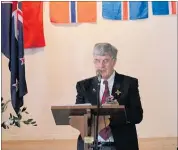  ??  ?? Honorary Norwegian Consul to New Zealand Graeme Mitchell talked in the Hovding Hall about how he and previous ambassador­s enjoyed the traditiona­l Norway Day celebratio­ns in Norsewood.