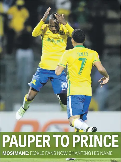  ?? Picture: Backpagepi­x ?? HAPPY CHAPPIE. Khama Billiat of Sundowns celebrates his goal with team-mate Keagan Dolly during their Absa Premiershi­p match against Jomo Cosmos at the Lucas Moripe Stadium on Saturday.