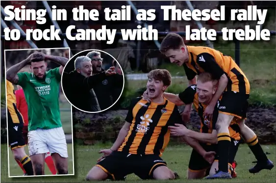  ??  ?? Largs Thistle celebrate their victory leaving the St Roch’s management (inset) and players (inset left) to rue the late goals (left). Pictures: Stewart Attwood