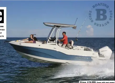  ??  ?? SPECS: LOA: 21'8" BEAM: 8'6" DRAFT (MAX): 3'0" (motor down) DRY WEIGHT: 4,650 lb. (as tested) SEAT/WEIGHT CAPACITY: 11/2,365 lb. FUEL CAPACITY: 105 gal.
HOW WE TESTED: ENGINE: Mercury 225 hp FourStroke Verado V-6 DRIVE/PROP: Outboard/Enertia 16P 3-blade stainless steel GEAR RATIO: 1.75:1 FUEL LOAD: 30 gal. CREW WEIGHT: 250 lb.