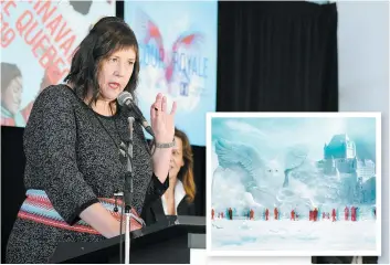  ?? PHOTOS STEVENS LEBLANC ET COURTOISIE ?? La directrice générale du Carnaval de Québec, Mélanie Raymond, lors de la conférence de presse, hier. En mortaise, la sculpture du harfang nécessiter­a le travail de quatre à cinq sculpteurs et jusqu’à 12 jours de travail.