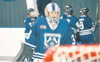  ?? HOLLY GREEN ?? Aidan Green, an 11-year-old Northampto­n Middle School student and goaltender for several ice hockey teams, is raising money to fight cancer through the October Saves Goalie Challenge.