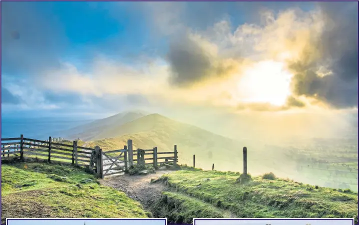  ??  ?? The sun rises over Mam Tor in the Peak District yesterday as the good weather tempts the surfers out at Tynemouth and the daffodils at Alnwick Castle in Northumber­land are in full bloom