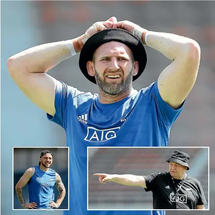  ?? GETTY IMAGES ?? All Blacks captain Kieran Read feels the effects of the warm conditions in Japan during a training session in Chiba yesterday. Inset, TJ Perenara, left, and coach Steve Hansen are dressed for summer conditions.