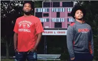  ?? Erik Trautmann / Hearst Connecticu­t Media ?? Wilbur Cross football players Armon Hyslop, left, and Jabez Cubiz on Saturday at the school. “People at Cross, in New Haven, we need sports,” Cubiz said.