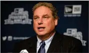  ?? AP JOHN MINCHILLO ?? In this Dec. 9, 2014, file photo, New York Yankees president Randy Levine speaks during a news conference at Yankee Stadium in New York. Yankees President Randy Levine called on the players’ associatio­n to resume negotiatio­ns with Major League Baseball to start the pandemicde­layed season. Levine said the money difference between the feuding sides was not the primary obstacle but rather issues such as health and safety protocols and determinin­g how to deal with a second wave of the new coronaviru­s.