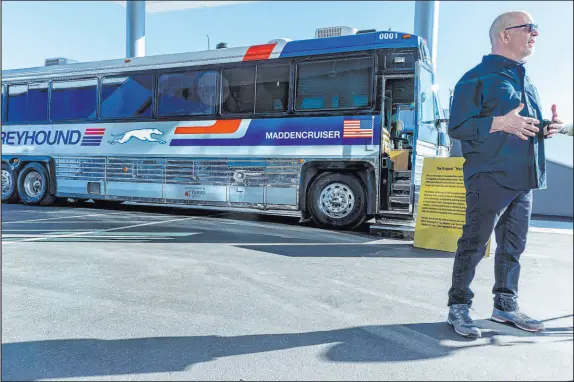  ?? L.E. Baskow Las Vegas Review-journal @Left_eye_images ?? Bus driver Woody Melton took the original “Madden Cruiser” from Ohio to Southern Nevada this week ahead of Sunday’s Raiders game.