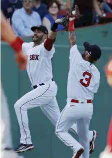  ?? Ap pHOtOS ?? OUTFIELD PLATOON: Red Sox left fielder J.D. Martinez nearly collides with Jonathan Arauz on Saturday at Fenway Park. Martinez has been platooning with Kyle Schwarber, below, between left field and DH.