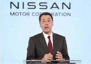  ?? AP PHOTO/KIRSTY WIGGLESWOR­TH ?? Nissan Chief Executive Makoto Uchida speaks during a Renault Nissan Mitsubishi news conference held Feb. 6 in London.