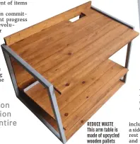  ??  ?? REDUCE WASTE This arm table is made of upcycled wooden pallets
TURN TRASH INTO TREASURE Wooden pallets were used to develop this custom media console