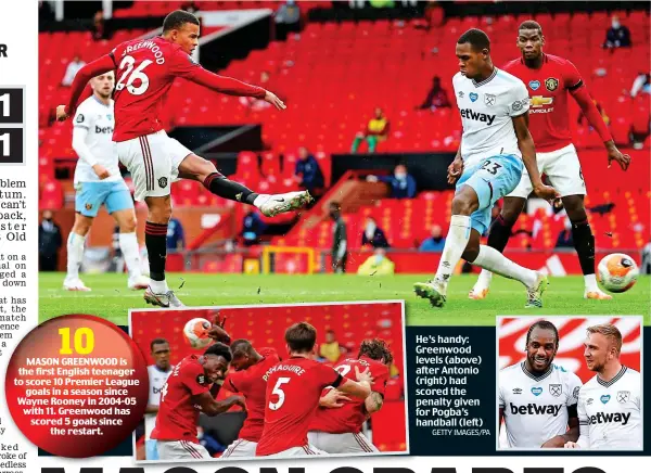  ?? GETTY IMAGES/PA ?? He’s handy: Greenwood levels (above) after Antonio (right) had scored the penalty given for Pogba’s handball (left)