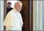  ?? ETTORE FERRARI — POOL PHOTO VIA AP ?? Pope Francis looks on after his private audience with German Chancellor Angela Merkel, at the Vatican on Saturday.