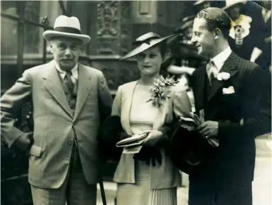 ??  ?? Clockwise from above: Phyllis on her wedding day in 1936 with H G Wells, far left, who gave the bride away; modelling one of her couturier husband’s creations; with Digby in the roof garden of their Mayfair penthouse flat, 1954