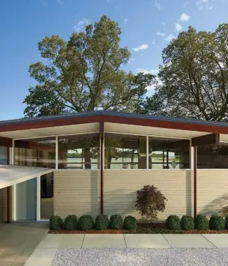  ??  ?? (LEFT) THE EXTERIOR OF THIS HOME REPRESENTS THE ELEMENTS THAT WIEDEMANN LOVES THE MOST ABOUT MCM DESIGN: “THE SIMPLE POST-AND-BEAM STRUCTURE WITH AN ICONIC LOW-PITCHED GABLED ROOF IN SERVICE OF CLEAN HORIZONTAL LINES THAT INTEGRATE THE HOME WITH NATURE.”