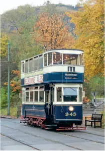  ??  ?? Leeds tramcar No. 345 at Crich Tramway Village in 2020. CTV