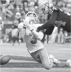  ?? DAVID BECKER/AP ?? Dolphins wide receiver Will Fuller can’t come down with the catch in the end zone against Raiders defensive back Johnathan Abram during overtime on Sunday.