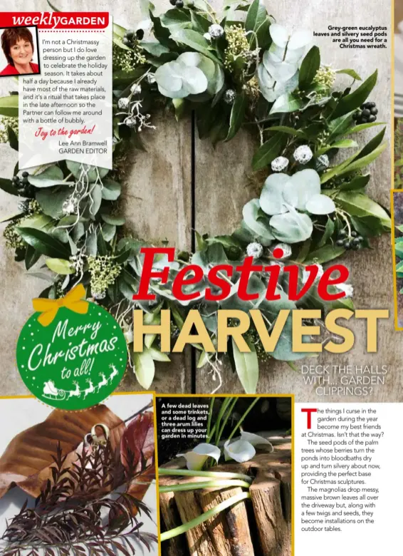  ??  ?? A few dead leaves and some trinkets, or a dead log and three arum lilies can dress up your garden in minutes.Grey- green eucalyptus leaves and silvery seed pods are all you need for aChristmas wreath.