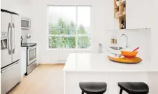  ??  ?? Kitchens feature flat-panel cabinetry and stainless steel appliances.