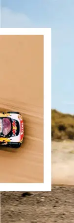  ??  ?? Above left: The Dakar is tough on cars too. Peterhanse­l's car nearly didn't make it after a broken suspension. Right: Carlos Sainz (centre) won the Dakar for Team Peugeot Total