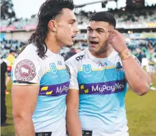  ?? ?? Tino Fa'asuamaleau­i and David Fifita after the Round 18 game against the Canberra Raiders in 2023. Picture: NRL Images