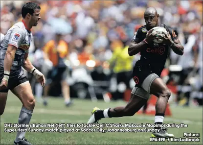  ??  ?? DHL Stormers Ruhan Nel (left) tries to tackle Cell C Sharks Makazole Mapimpi during the
Super Hero Sunday match played at Soccer City, Johannesbu­rg on Sunday.
Picture: EPA-EFE / Kim Ludbrook