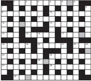  ??  ?? FOR your chance to win, solve the crossword to reveal the word reading down the shaded boxes. HOW TO ENTER: Call 0901 293 6233 and leave today’s answer and your details, or TEXT 65700 with the word CRYPTIC, your answer and your name. Texts and calls cost £1 plus standard network charges. Or enter by post by sending completed crossword to Daily Mail Prize Crossword 16260, PO Box 28, Colchester, Essex CO2 8GF. Please include your name and address. One weekly winner chosen from all correct daily entries received between 00.01 Monday and 23.59 Friday. Postal entries must be datestampe­d no later than the following day to qualify. Calls/texts must be received by 23.59; answers change at 00.01. UK residents aged 18+, exc NI. Terms apply, see Page 66.