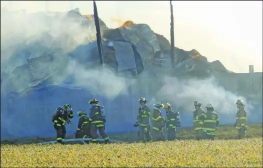  ?? ?? Firefighte­rs spent most of Sunday afternoon and evening extinguish­ing a fire at Cedar Creek Holstein Farms at 3601 East Shelby Road, near Minster. While details remain hard to come by, a number of department­s responded to the blaze that overtook a large outbuildin­g on that property. Preliminar­y reports indicated a
large number of livestock were moved from the scene and the fire caused significan­t damage. It was reported crews returned briefly Monday to extinguish hot spots from the fire.