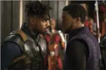  ??  ?? Michael B. Jordan, left, and Chadwick Boseman play characters with decidedly different goals in “Black Panther.”