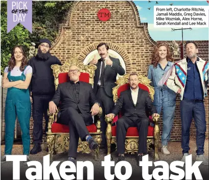  ??  ?? From left, Charlotte Ritchie, Jamali Maddix, Greg Davies, Mike Wozniak, Alex Horne, Sarah Kendall and Lee Mack