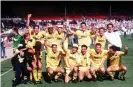  ?? Photograph: Action Images ?? Cambridge celebrate promotion after beating Chesterfie­ld in the Division Four play-off final in May 1990.