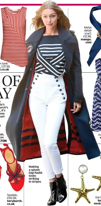  ??  ?? Making a splash: Gigi Hadid looks striking in stripes Kain tank top, £37.50, lyst.co.uk