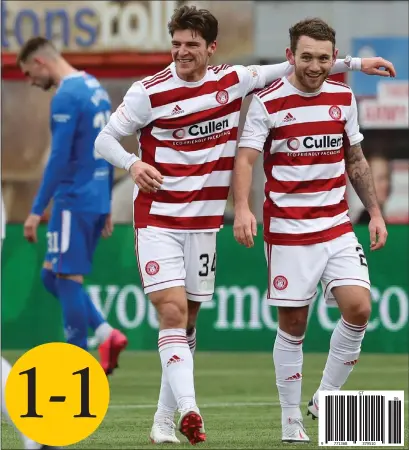  ??  ?? Hamilton scorer Ross Callachan (left) celebrates after notching their equaliser against Rangers